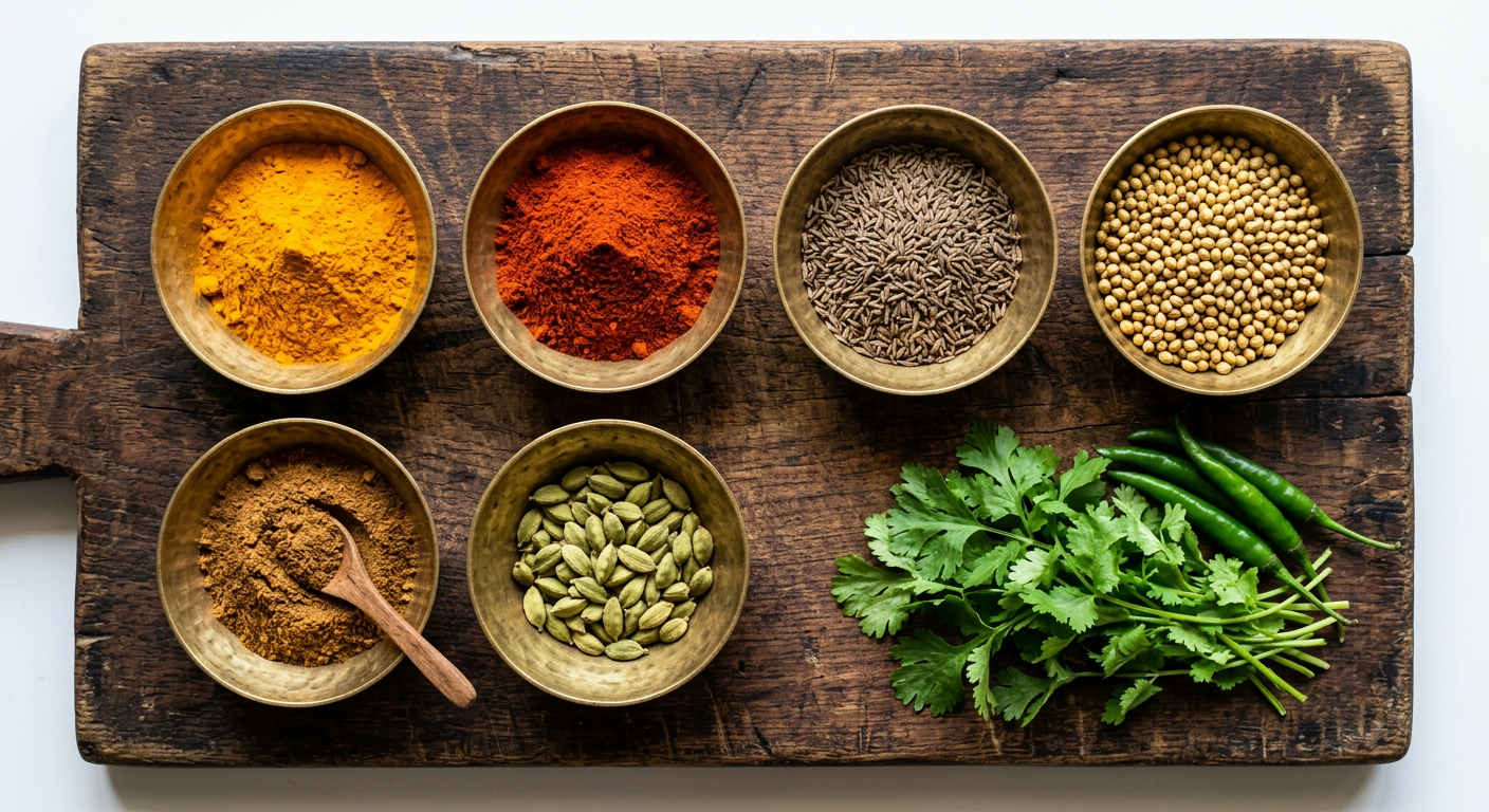 Brass bowls of traditional Indian spices and fresh herbs
