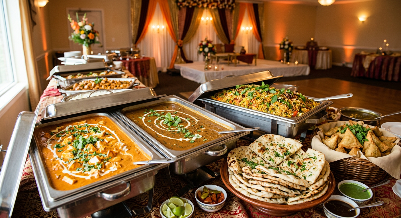 Indian vegetarian catering platters on a buffet table