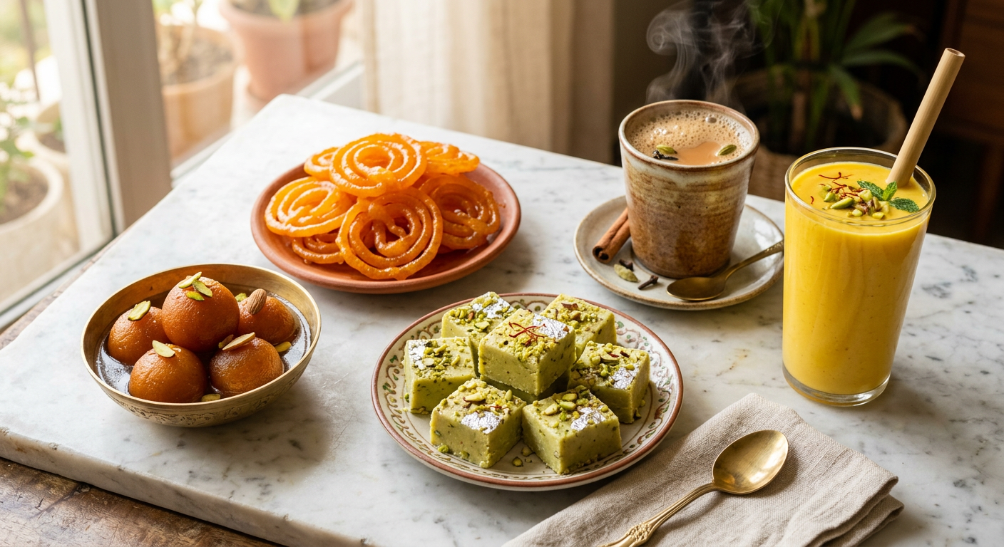 Indian desserts with masala chai and a mango drink